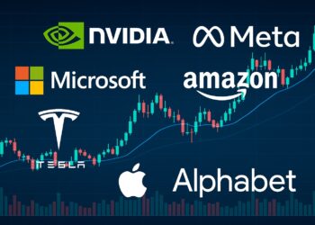 Ilustración digital con logotipos de NVIDIA, Meta, Microsoft, Amazon, Tesla, Apple y Alphabet sobre gráfico mercados financiero