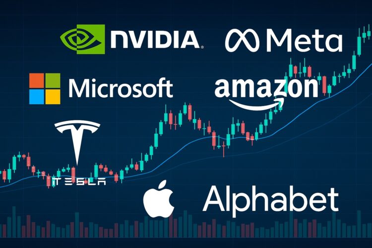 Ilustración digital con logotipos de NVIDIA, Meta, Microsoft, Amazon, Tesla, Apple y Alphabet sobre gráfico mercados financiero