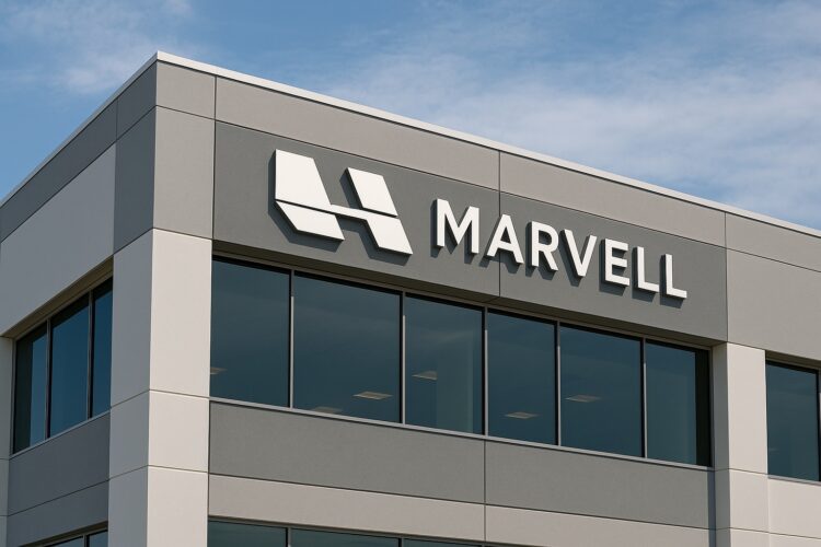 Vista diurna de las oficinas de Marvell con logo corporativo en la fachada y cielo despejado