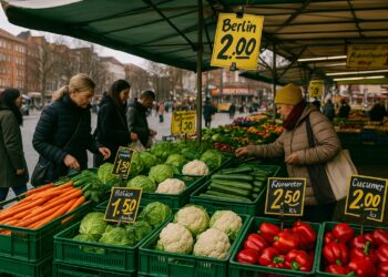 Puestos de verduras en mercado callejero de Berlín con precios visibles en letreros amarillos de inflación