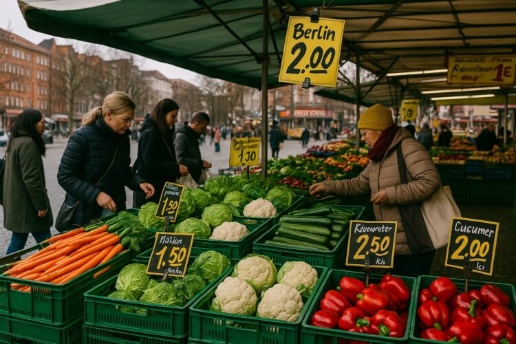 Puestos de verduras en mercado callejero de Berlín con precios visibles en letreros amarillos de inflación