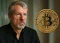 Retrato cercano de Michael Saylor en ambiente corporativo con Bitcoin, en referencia a Strategy.