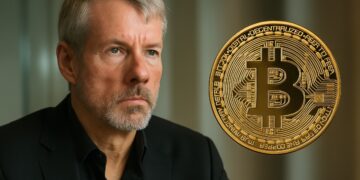 Retrato cercano de Michael Saylor en ambiente corporativo con Bitcoin, en referencia a Strategy.