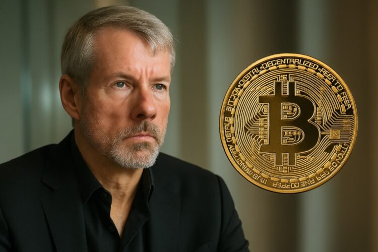 Retrato cercano de Michael Saylor en ambiente corporativo con Bitcoin, en referencia a Strategy.