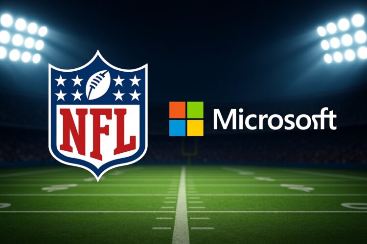 Logos de Microsoft y la NFL juntos sobre un campo de fútbol americano iluminado, representando su alianza con inteligencia artificial.