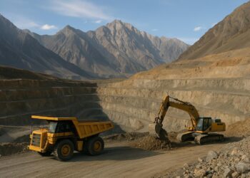  Mina de Barrick a cielo abierto en Pakistán con camión minero y excavadora trabajando en un paisaje montañoso