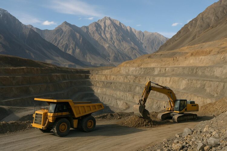  Mina de Barrick a cielo abierto en Pakistán con camión minero y excavadora trabajando en un paisaje montañoso