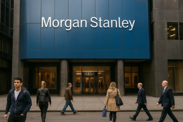 Fachada del edificio de Morgan Stanley en Nueva York con varias personas caminando frente a la entrada