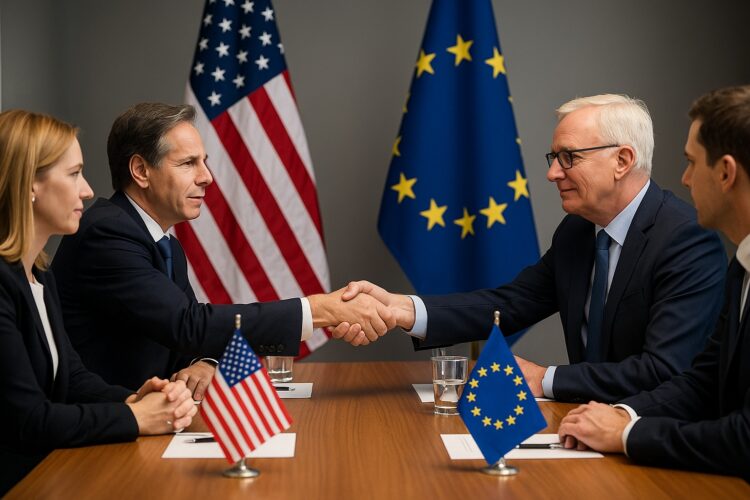 Representantes de Estados Unidos y Europa se dan la mano en una mesa de negociación con banderas oficiales