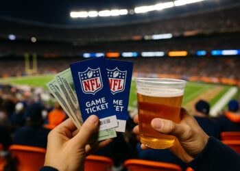 Manos de un aficionado sosteniendo boletos de la NFL, dinero y cerveza con un estadio lleno de fondo.