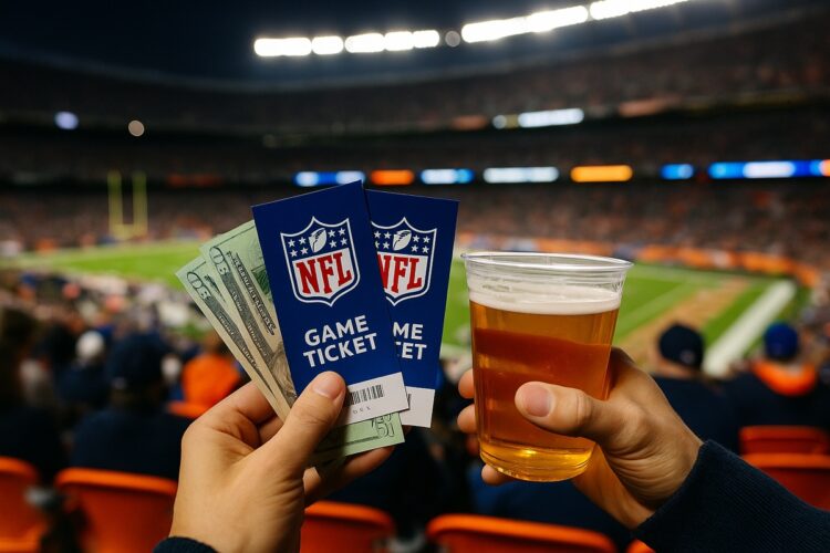 Manos de un aficionado sosteniendo boletos de la NFL, dinero y cerveza con un estadio lleno de fondo.
