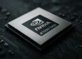 Chip Nvidia Jetson Thor sobre superficie tecnológica en estilo editorial.