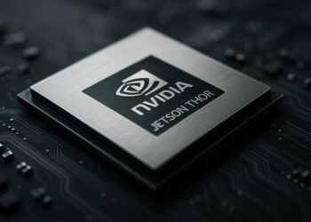 Chip Nvidia Jetson Thor sobre superficie tecnológica en estilo editorial.
