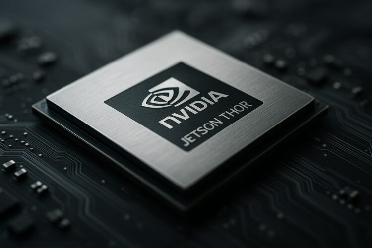 Chip Nvidia Jetson Thor sobre superficie tecnológica en estilo editorial.