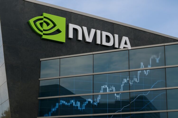 Fachada de sede Nvidia con logo verde y reflejo de gráficos bursátiles en vidrio