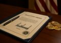 Orden ejecutiva presidencial junto a monedas de Bitcoin.