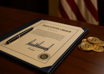 Orden ejecutiva presidencial junto a monedas de Bitcoin.