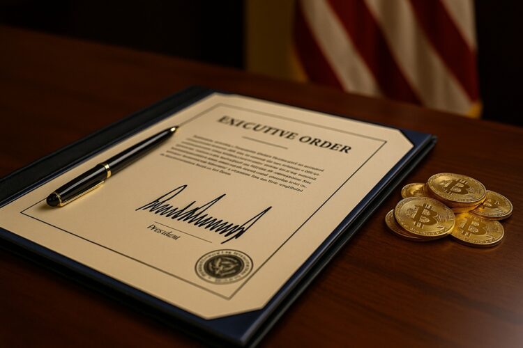 Orden ejecutiva presidencial junto a monedas de Bitcoin.
