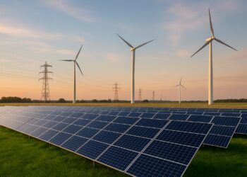 Goldman recomienda Paneles solares en primer plano con turbinas eólicas y torres de energía eléctrica al fondo en un campo abierto