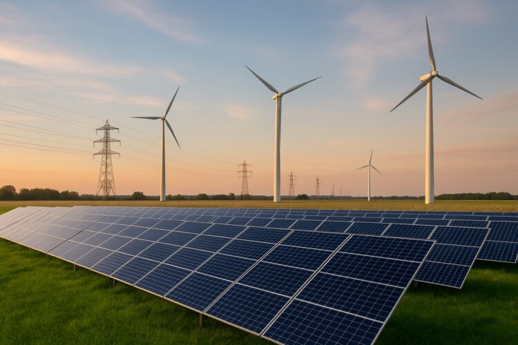 Goldman recomienda Paneles solares en primer plano con turbinas eólicas y torres de energía eléctrica al fondo en un campo abierto