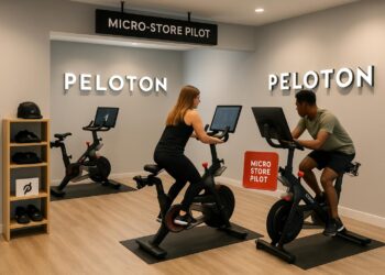 Interior de micro-store de Peloton con dos clientes usando bicicletas en exhibición.