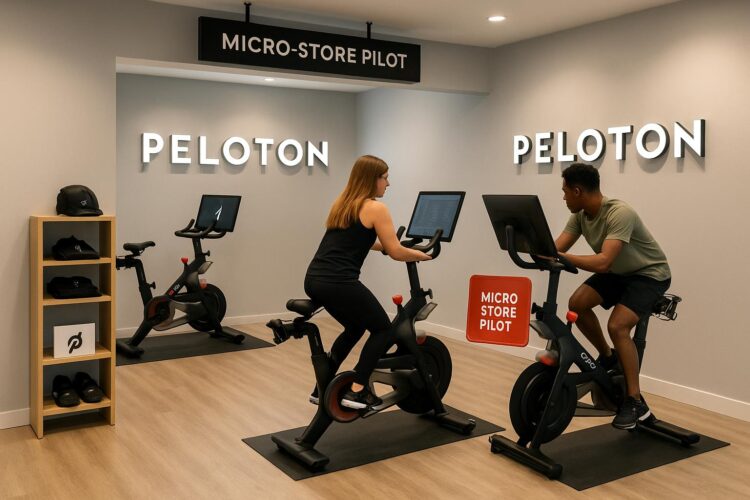Interior de micro-store de Peloton con dos clientes usando bicicletas en exhibición.