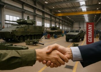 Fábrica militar en Alemania con tanques y vehículos blindados en línea de producción