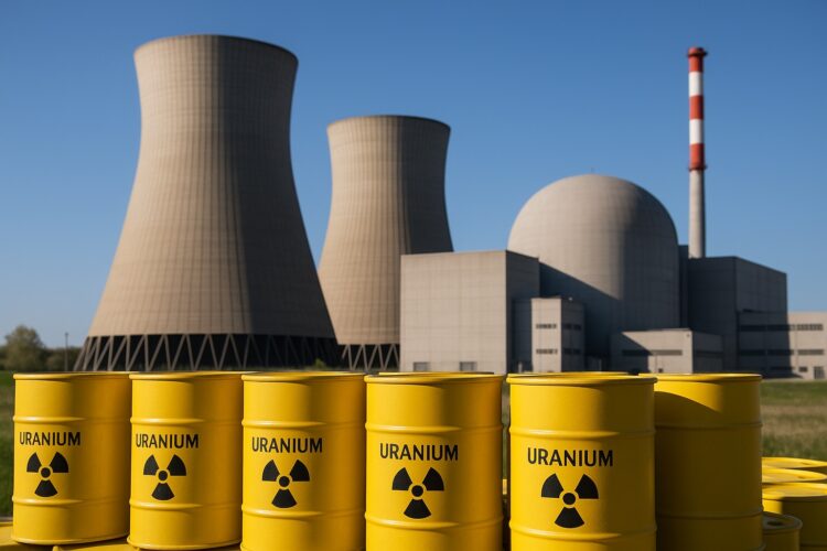 Planta de energía nuclear con cielo despejado y bidones amarillos de uranio apilados