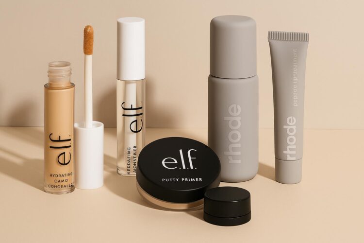 Productos de E.l.f. y Rhode alineados sobre fondo beige con iluminación suave