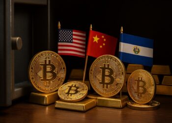 Banderas de Estados Unidos, China y El Salvador junto a monedas de Bitcoin en una caja fuerte.