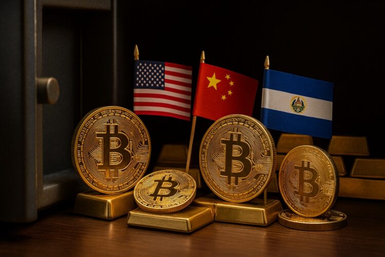 Banderas de Estados Unidos, China y El Salvador junto a monedas de Bitcoin en una caja fuerte.
