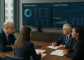 Grupo de asesores financieros de Wells Fargo en oficina moderna analizando carteras en pantallas con gráficos y reportes