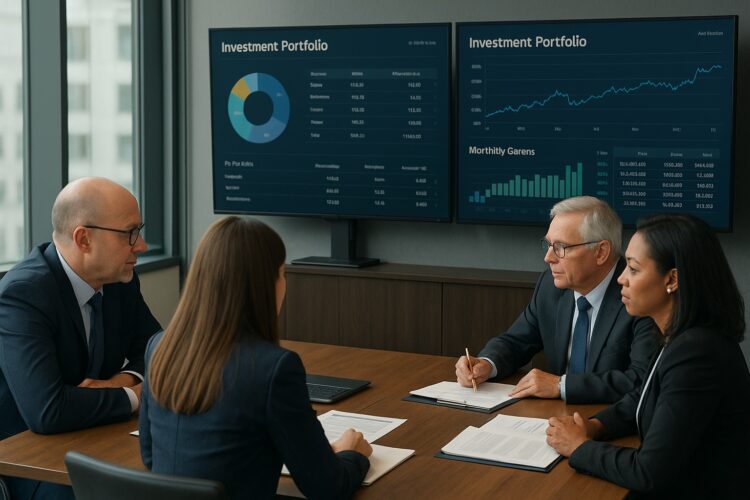 Grupo de asesores financieros de Wells Fargo en oficina moderna analizando carteras en pantallas con gráficos y reportes