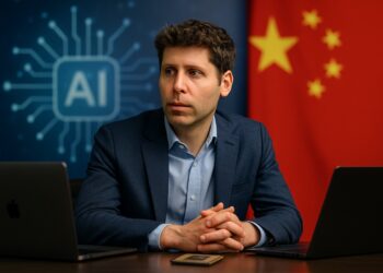 Sam Altman, CEO de OpenAI, en una reunión con laptops y la bandera de China al fondo sobre el reto de la IA.