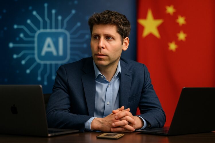 Sam Altman, CEO de OpenAI, en una reunión con laptops y la bandera de China al fondo sobre el reto de la IA.