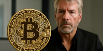 Bitcoin en primer plano con Saylor al fondo, ambiente de oficina, composición horizontal realista.