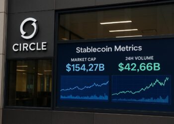 Fachada de la sede de Circle con pantalla que proyecta métricas y gráficos de stablecoins