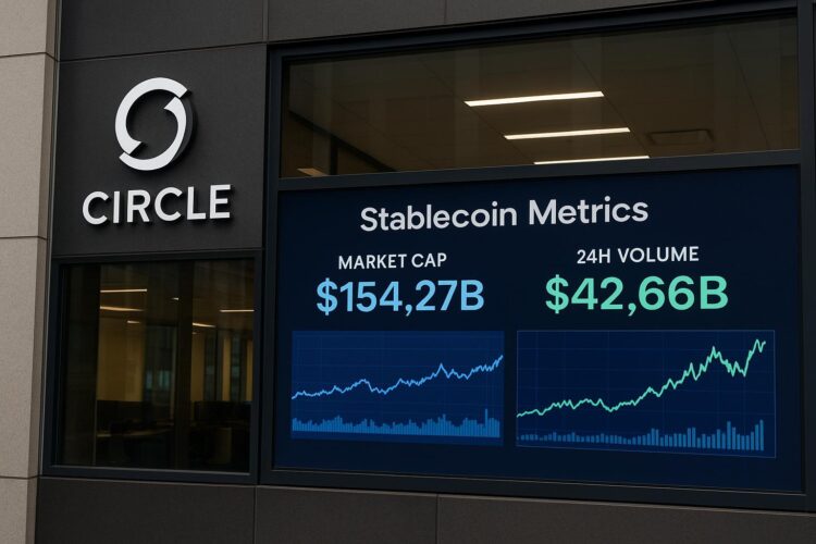 Fachada de la sede de Circle con pantalla que proyecta métricas y gráficos de stablecoins