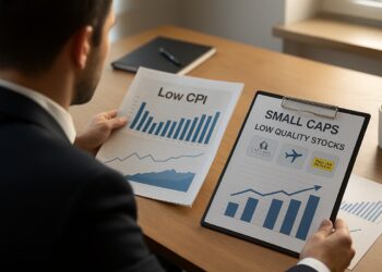 Inversionista revisando gráficos y documentos sobre small caps y acciones de baja calidad.