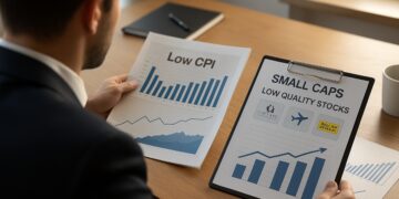 Inversionista revisando gráficos y documentos sobre small caps y acciones de baja calidad.