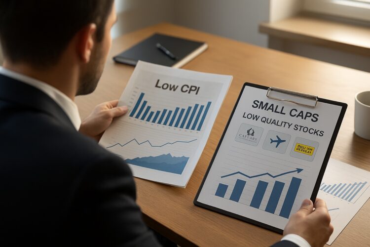 Inversionista revisando gráficos y documentos sobre small caps y acciones de baja calidad.