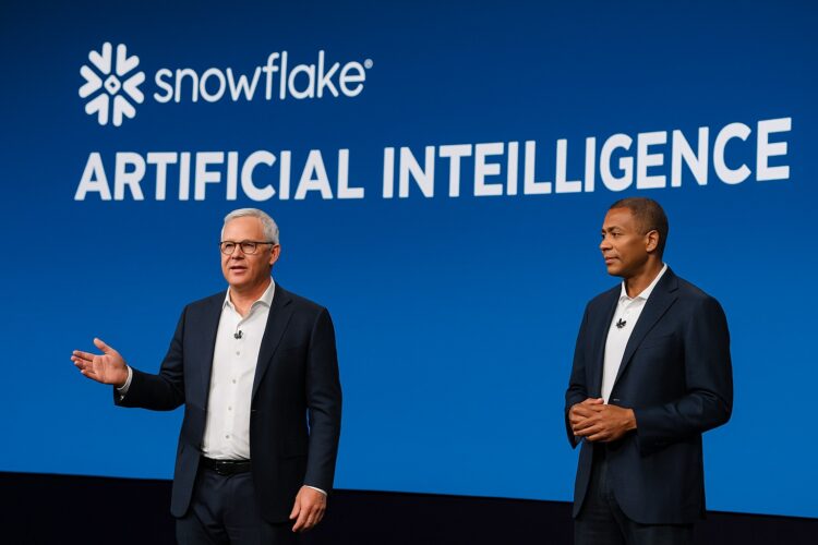 Dos ejecutivos de Snowflake en escenario corporativo presentan innovaciones de inteligencia artificial