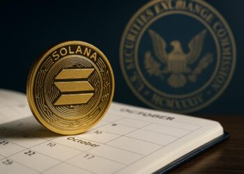 Moneda de Solana sobre calendario de octubre con sello de la SEC al fondo.