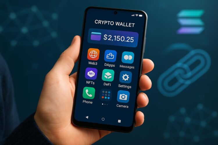 Dispositivo Seeker de Solana con apps Web3 y billetera cripto activa.