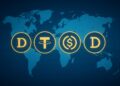 Ilustración de stablecoins destacadas con logos brillantes sobre un mapa mundial estilizado en tonos azules