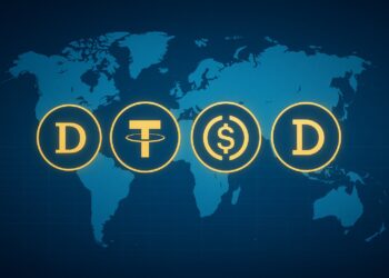 Ilustración de stablecoins destacadas con logos brillantes sobre un mapa mundial estilizado en tonos azules