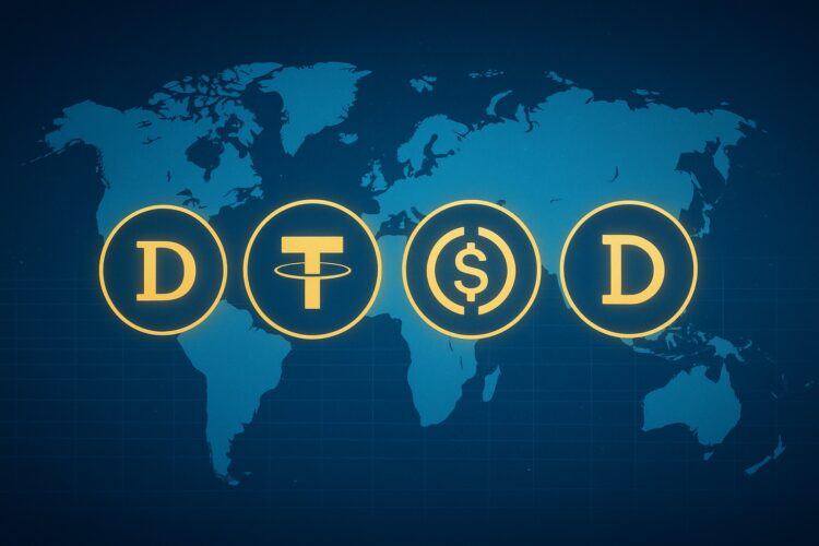 Ilustración de stablecoins destacadas con logos brillantes sobre un mapa mundial estilizado en tonos azules