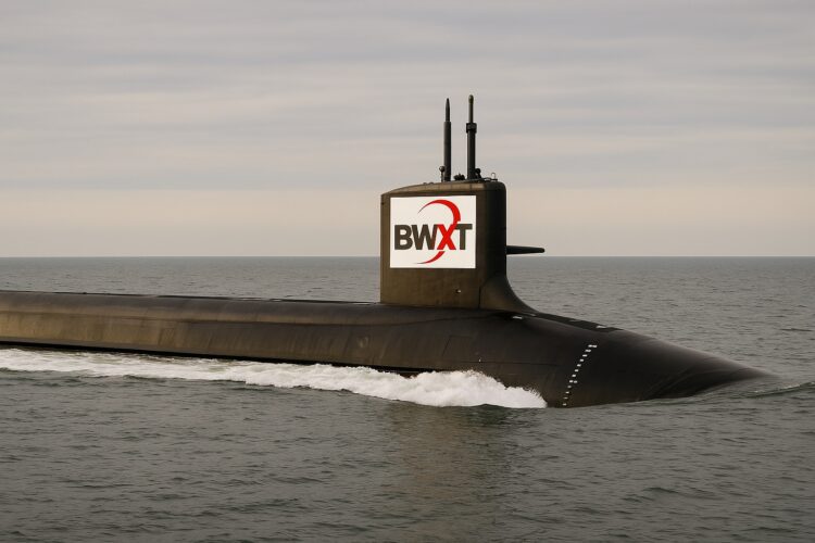 Submarino nuclear navegando en mar abierto con logo de BWXT visible en la torre