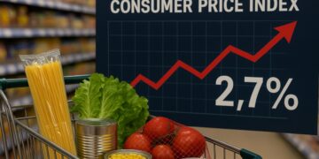 Productos básicos en supermercado en EE. UU. reflejando inflación y variaciones de precios.