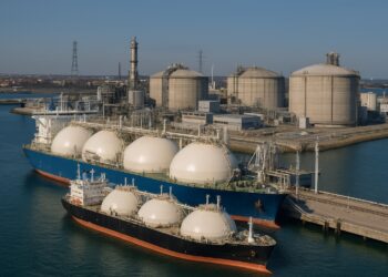  Vista aérea de terminal europea de gas natural licuado con barcos atracados y tanques de almacenamiento